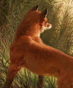 a painting of a dog standing in tall grass