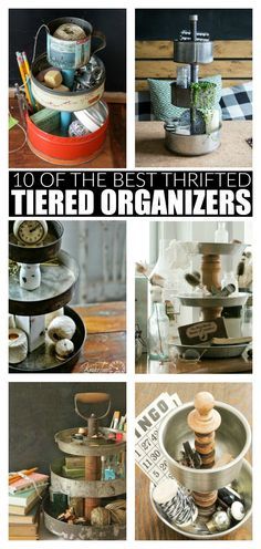 there are many different types of items in this collage with the words, 100 of the best thrifted tiered organizers