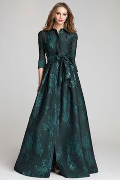 Metallic Jacquard Shirtdress Gown with Floral Print Elegant Belted Midi Dress, Chic Belted Shirt Dress For Evening, Elegant Belted Maxi Dress For Party, Elegant Party Maxi Dress With Belt, Elegant Belted Shirt Dress For Party, Formal Floor-length Belted Maxi Dress, Formal Long Belted Dress, Elegant Floor-length Belted Dress, Elegant Evening Belted Maxi Dress