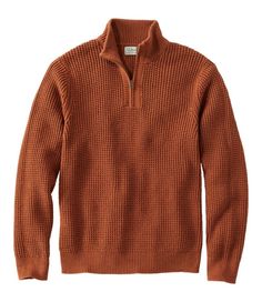 Our heaviest-weight cotton sweaters. There's nothing like the comfort of organic cotton, especially when it comes to this cozy, machine-washable quarter-zip sweater. Traditional Fit: Relaxed through the chest, sleeve and waist. 100% organic cotton. Machine wash, dry flat. Thick waffle-stitch knit adds rugged texture. Ribbed collar, cuffs and hem. Quarter zip styling. Imported. | Men's Organic Cotton Waffle Sweater, Quarter Zip Burnt Orange Mens Sweater, Half-zip Fall Outdoor Sweater, Half-zip Fall Sweater For Outdoor, Quarter Zip Men, Mens Knit Sweater, Cotton Sweaters, Waffle Sweater, Waffle Stitch, Organic Cotton Yarn