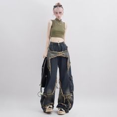 Gothic Grunge Style Cargo Baggy Jeans - Vedlit Style Bleu, Hip Hop Vintage, Large Pants, Jeans Outfits, Star Jeans, Pantalon Large, Mode Inspo, Baggy Jeans, Grunge Fashion