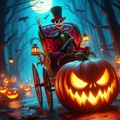 a skeleton riding in a carriage with pumpkins