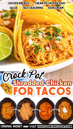 an advertisement for shredded chicken tortillas with sauces and garnishes