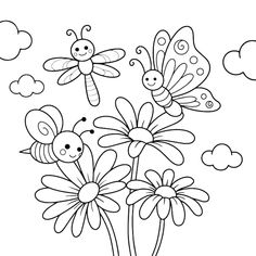 three bees flying over flowers with clouds in the sky behind them, coloring page for kids