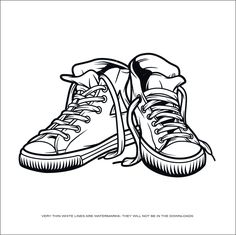 black and white drawing of two shoes with laces on the bottom, one is worn