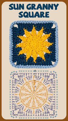 6 Pointed Star Crochet Pattern, Crochet Blanket Diagram Charts, Free Sun Granny Square Pattern, Sun Crochet Granny Square Pattern, Crochet Ocean Granny Square, Sun Pattern Crochet, Space Granny Square Crochet, Granny Square Crochet Pattern One Color, Sun Granny Square Crochet Pattern