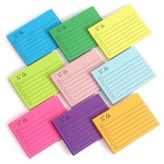 five different colored sticky notes with numbers on them