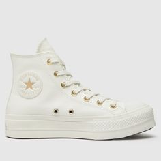 Womens White & Gold Converse All Star Lift Hi Trainers | schuh Converse Leather White, Converse Elevated Gold Platform, Cream Colored Converse, White Leather Platform Converse, Converse Women Shoes, White And Gold Converse, Cute Trainers, Cute White Converse, Preppy Converse