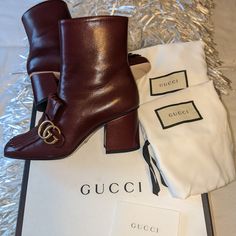 New W/ Tags Gucci Marmont Burgundy Fringe Booties. I Got These As A Gift And They Are A Little Small Since I Usually Wear A Size 37! Comes With Box, 2 Dustbags & Gucci Care Card. Serial Numbers Shown In Picture. Size 36 1/2 Gucci Pointed Toe Boots For Fall, Gucci Calf Leather Boots, Gucci Luxury Boots For Fall, Gucci Designer Boots With Leather Sole, Designer Gucci Boots With Leather Sole, Gucci Calf Leather Boots For Fall, Designer Gucci Boots For Fall, Designer Fall Heels With Leather Sole, Gucci Formal Boots For Fall