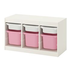 a white shelf with pink and white containers on the bottom, and three plastic bins below it