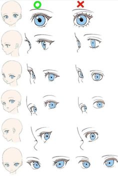 the steps to draw an anime character's eyes with different angles and shapes on them