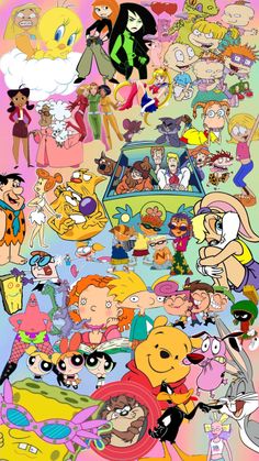 cartoon characters are grouped together in the same image, with different colors and sizes on them