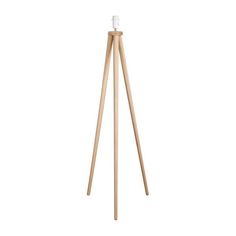 a wooden tripod floor lamp with a white light on the top and two legs