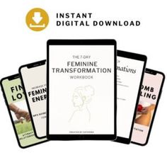 five ebooks are shown with the title'instant digital guide for feminine transformation workbook '