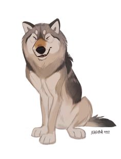 a drawing of a wolf sitting down with its eyes closed and his head turned to the side