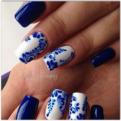 :-) Porcelain China Nails, Blue China Nail Art, Clase Azule Nails, Portugal Nails Art Designs, Portuguese Nail Art, Talavera Nail Art French Tip, Mexican Talavera Nail Art, Porcelain Nails Design, Santorini Nails Design