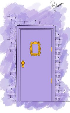 an illustration of a purple door with a gold frame