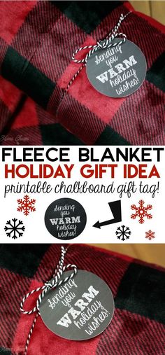 a plaid blanket with the words fleece blanket holiday gift idea printed on it and an arrow