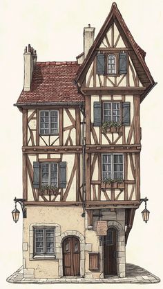 a drawing of a house with windows and shutters on the front, next to a lamp post