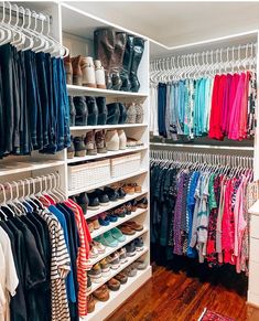 the closet is full of shoes and clothes for all kinds of people to wear in