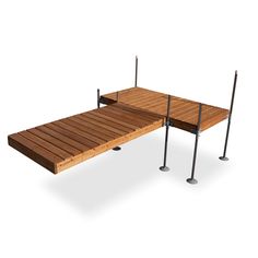 a wooden bench with metal poles on the bottom and one section open to show it's wood decking