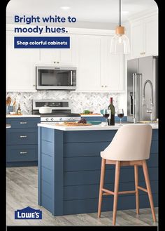 a kitchen with white cabinets and blue countertops is featured in the magazine's latest ad