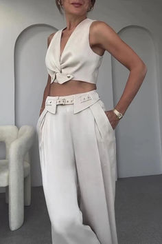 Casual Solid Color Pocket V Neck Sleeveless Two Pieces Office Lady Outfit, Lady Outfit, Suit Type, Sleeveless Suit, High Waist Wide Leg Pants, 2 Piece Skirt Set