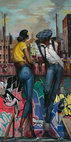 a painting of two people standing next to each other in front of a wall with graffiti on it