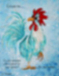 a painting of a rooster with red and blue feathers