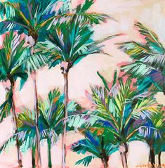 a painting of palm trees on a pink background