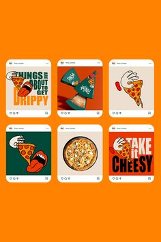 an orange background with six different pizzas on it and the words, things don't get dippy