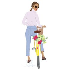 a woman riding a bike with flowers in the basket on the front and back wheel