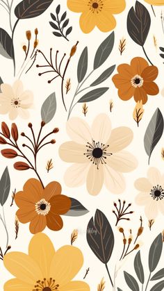 an abstract floral pattern with orange, yellow and grey flowers on a white background for wallpaper