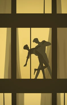 the silhouette of a man holding a woman's hand in front of a window