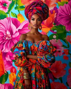 a woman in a colorful dress and head scarf stands with her arms crossed against her chest