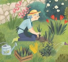 an older woman kneeling down in the grass with flowers and gardening equipment around her,