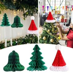 three christmas trees made out of construction paper, one is green and the other is red