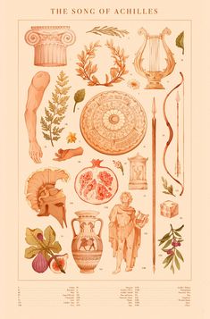 the song of achilles is shown in an antique style poster with various items