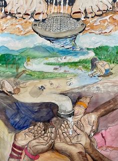 A watercolor painting of a white person's feet on either side of a shower drain. The water flows down the drain into a hilly landscape, people swimming and washing clothes in it, winding down to a dry area where the outstretched hands of People of Color reach for a single water droplet. Ocean Awareness, Earth Day Drawing, Meaningful Paintings, Earth Drawings, Interactive Multimedia, Drawing Competition, Art Poetry