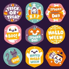 six halloween stickers in different colors and designs on a purple background with the words trick or treat, booy, happy halloween