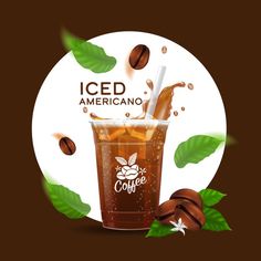 iced americano with coffee beans and leaves on the brown background, realistic style illustration