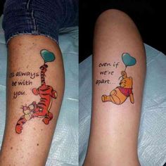 winnie the pooh and tigger tattoos on both legs with words written on them