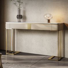 a white and gold console table next to a vase with flowers on it in a room