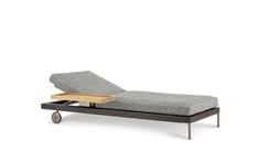 an adjustable bed frame with wheels on the bottom and side, in grey tweed fabric