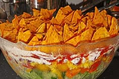 a bowl filled with tortilla chips sitting on top of a counter