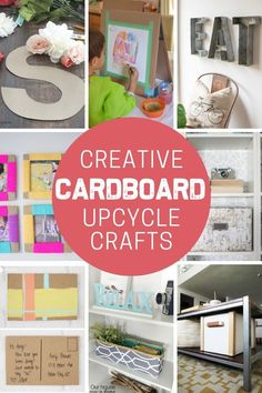 the words creative card board upcycle crafts are shown in several different pictures, including letters and