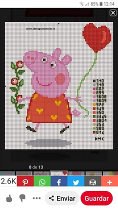 a cross stitch pattern with a pig holding a flower