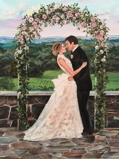 a painting of a bride and groom in front of a wedding arch with flowers on it