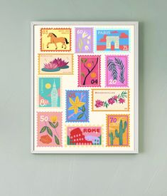 an art print with stamps on it