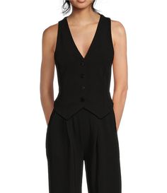 Moa Moa Coordinating Sleeveless V-Neck Button Front Vest | Dillard's Fitted V-neck Vest With Button Closure, Fitted Button Closure Tank Top For Work, V-neck Buttoned Tank Top For Work, Fitted V-neck Tank Top With Buttons, Elegant Fitted Tank Top With Buttons, Fitted V-neck Tank Top With Button Closure, V-neck Tank Top With Buttons For Work, Fitted V-neck Tank Top For Work, V-neck Button Tank Top For Work